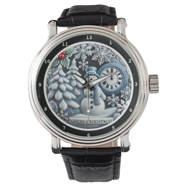 Merry Christmas Snowman on a Decorative Watch (Front)
