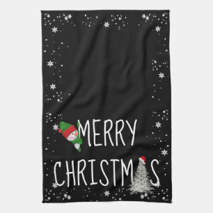 Merry Christmas Snowman On Black Kitchen Towel