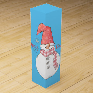 Merry Christmas Snowman on Blue  Wine Box