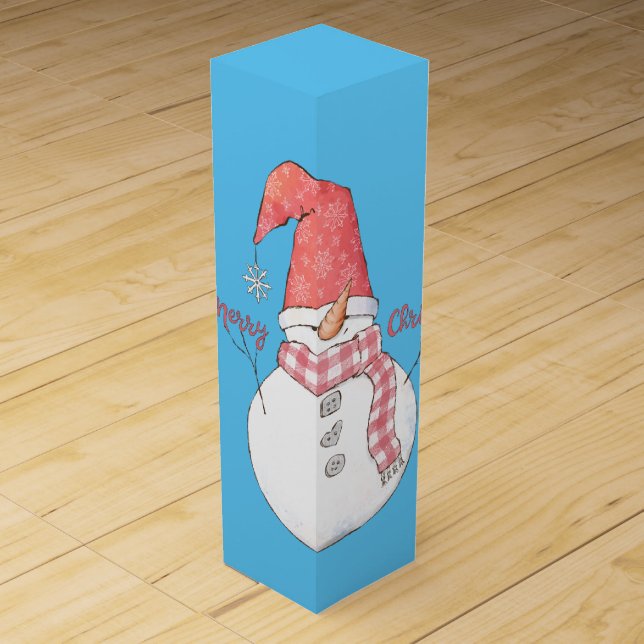 Merry Christmas Snowman on Blue  Wine Box (Front)