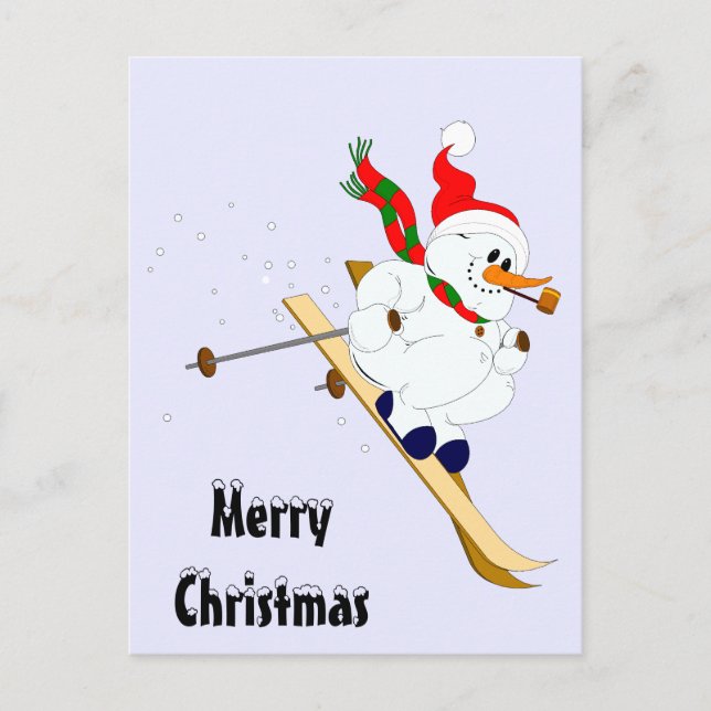 Merry Christmas Snowman On Skis Holiday Postcard (Front)
