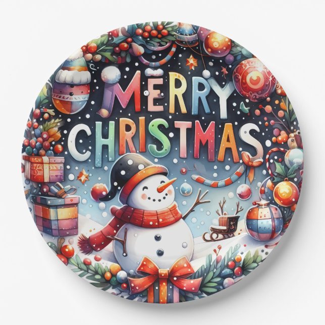 Merry Christmas Snowman  Paper Plates (Front)