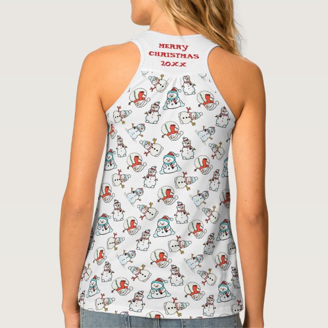 Merry Christmas Snowman Pattern White Tank Top (Back)