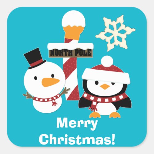 Merry Christmas Snowman Penguin Square Sticker