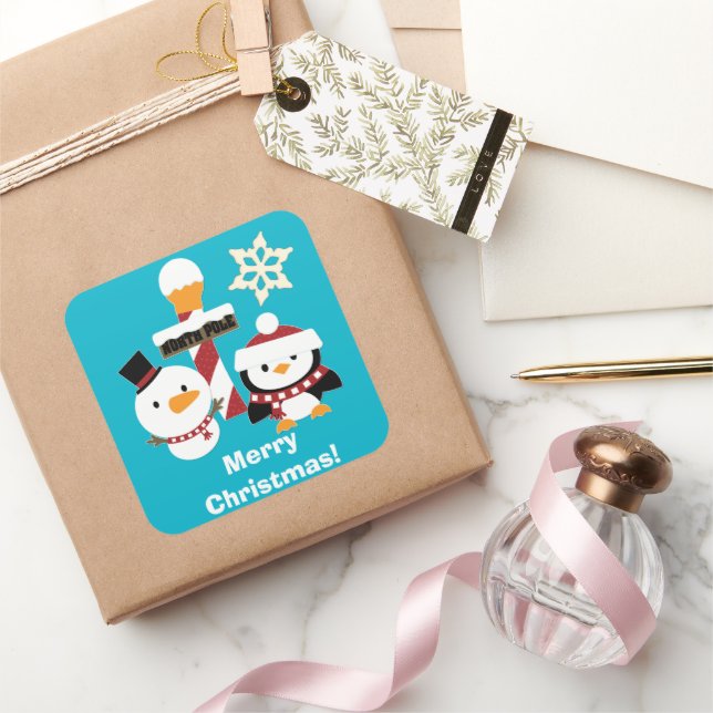 Merry Christmas Snowman Penguin Square Sticker (Gifting)