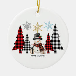 Merry Christmas Snowman Plaid Christmas Tree Ceramic Ornament