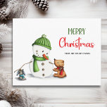 Merry Christmas Snowman  Postcard<br><div class="desc">Cute Merry Christmas family postcard with an illustration of a cute snowman surrounded by some animal friends. Personalize the text to add your own heartfelt message and send to your loved ones this upcoming holiday season. Illustrated and designed by Patricia Alvarez.</div>