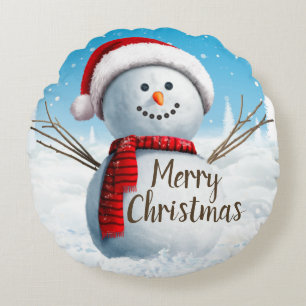 Merry Christmas Snowman Red Scarf Round Pillow