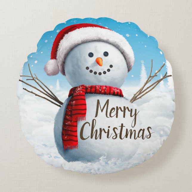 Merry Christmas Snowman Red Scarf Round Pillow (Front)