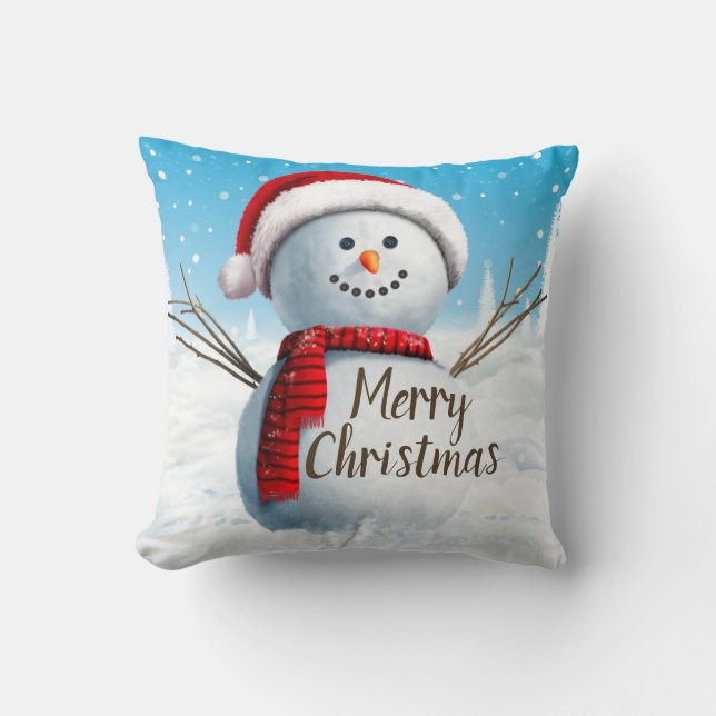 Merry Christmas Snowman Red Scarf Throw Pillow (Front)