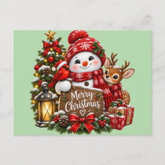 Merry Christmas Snowman Reindeer Red Cardinal Rust Holiday Postcard