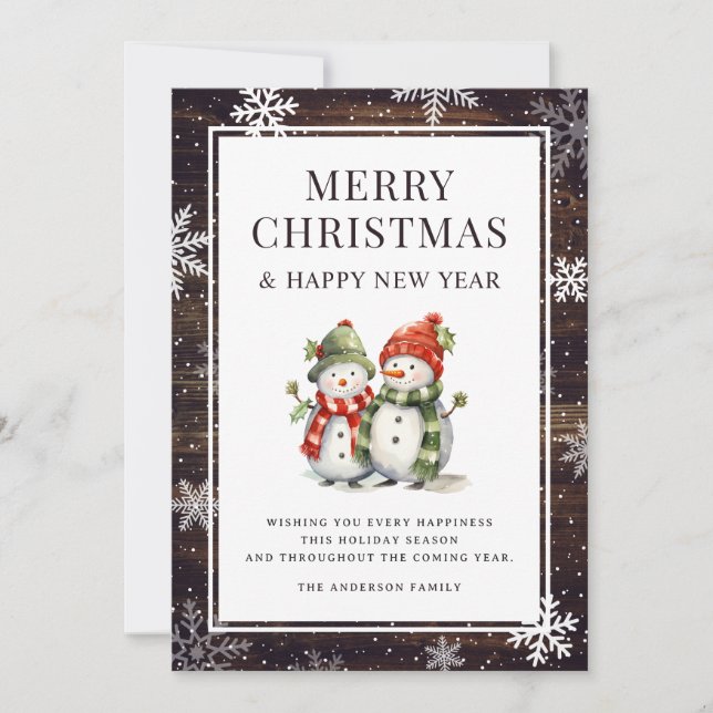 Merry Christmas Snowman Rustic Wood Snowflake Holiday Card (Front)