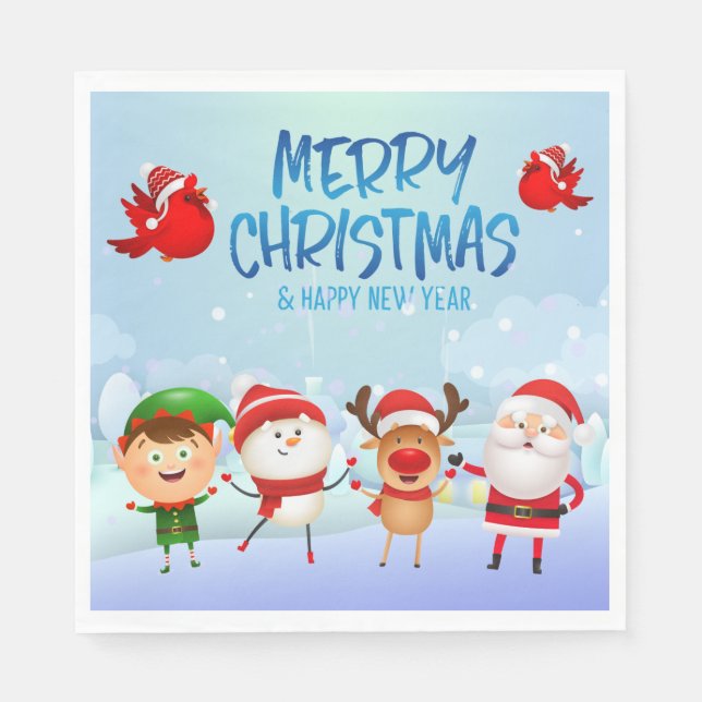 Merry Christmas Snowman Santa Claus Rudolph Elf Napkins (Front)