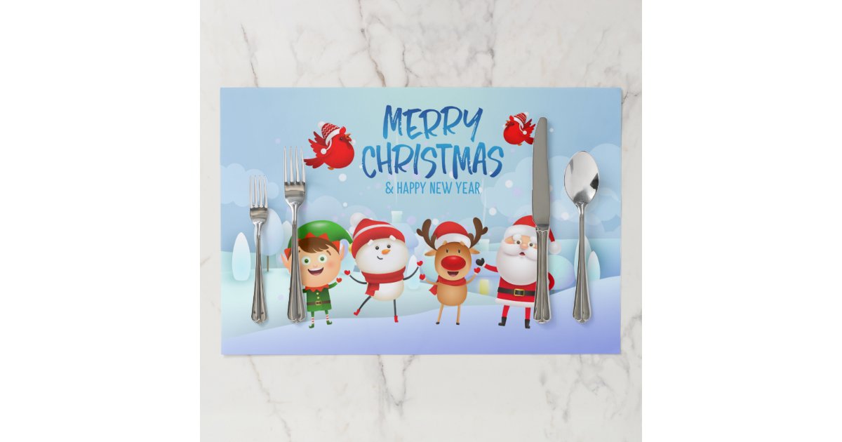 Merry Christmas Snowman Santa Claus Rudolph Elf Paper Placemat Zazzle Com