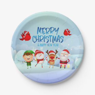 Merry Christmas Snowman Santa Claus Rudolph Elf Paper Plates