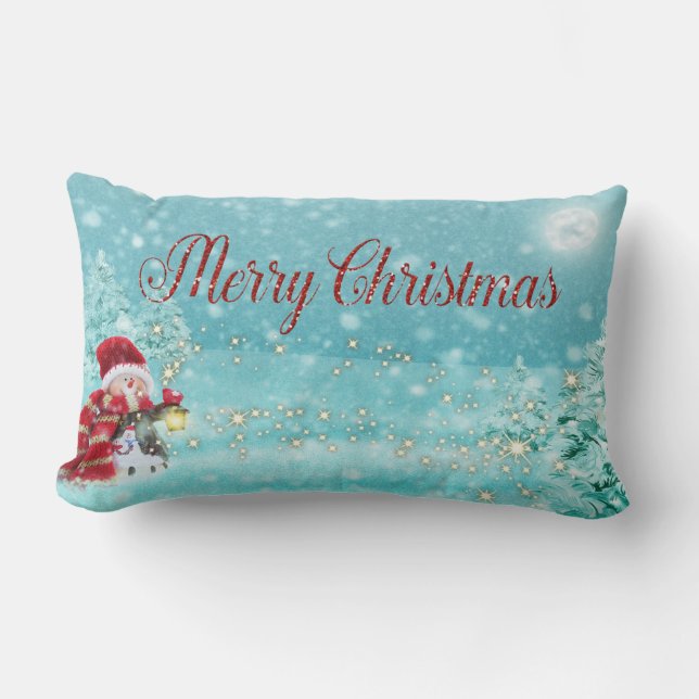 Merry Christmas,Snowman, Santa Hat Lumbar Pillow (Front)