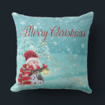 Merry Christmas, Snowman, Santa Hat Throw Pillow<br><div class="desc">Merry christmas ,  snowman with santa hat on forest.</div>