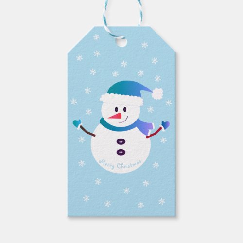 Merry Christmas Snowman Snowflakes Blue Gift Tags
