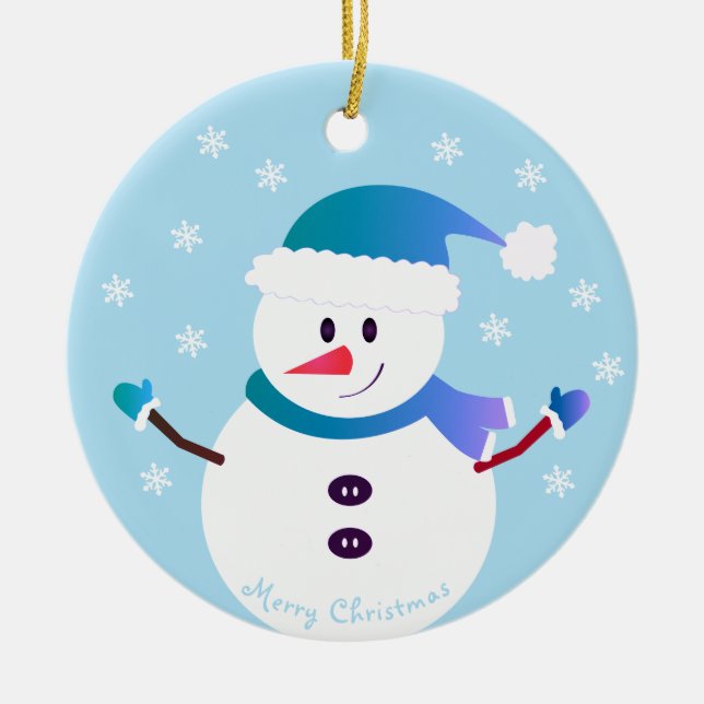 Merry Christmas Snowman Snowflakes Ceramic Ornament (Front)
