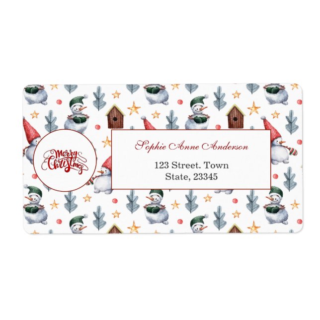 Merry Christmas Snowman Snowflakes Monogram Label (Front)