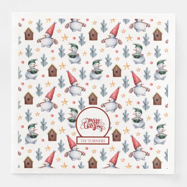 Merry Christmas Snowman Snowflakes Monogram Paper Dinner Napkins (Front)