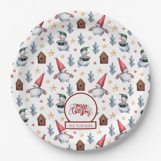 Merry Christmas Snowman Snowflakes Monogram Paper Plates (Front)