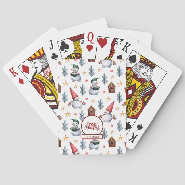 Merry Christmas Snowman Snowflakes Monogram Poker Cards (Back)