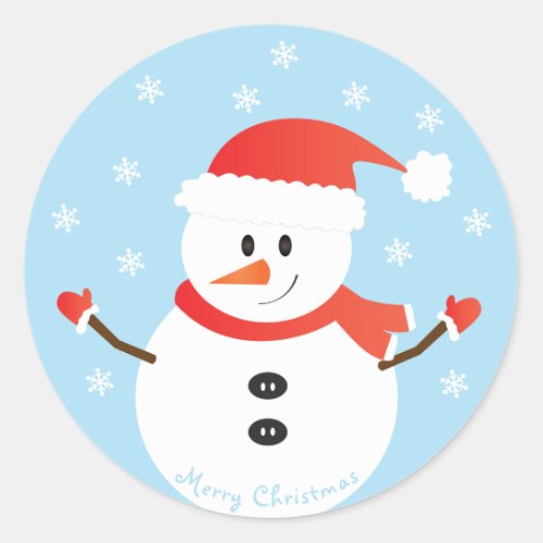 Merry Christmas Snowman Snowflakes Red Classic Round Sticker