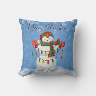 Merry Christmas Snowman String Lights Winter Blue Throw Pillow