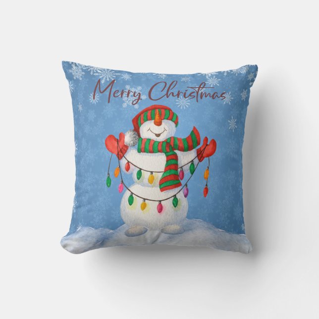 Merry Christmas Snowman String Lights Winter Blue Throw Pillow (Front)