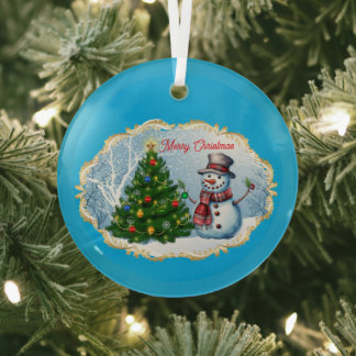 Merry Christmas Snowman Tree Cute Glass Ornament