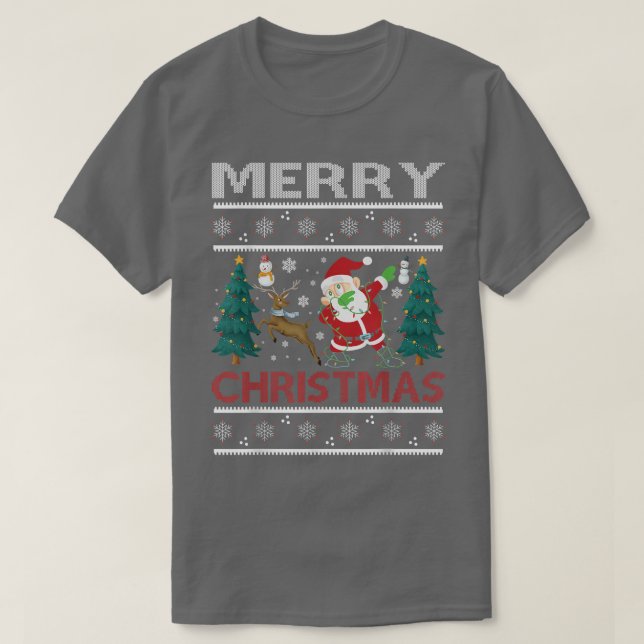 Merry Christmas Snowman Tree Reindeer Dabbing Sant T-Shirt (Design Front)