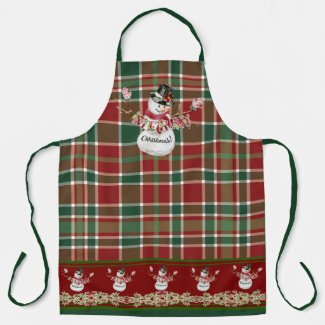 Merry Christmas Snowman Watercolor Plaid w Holly Apron
