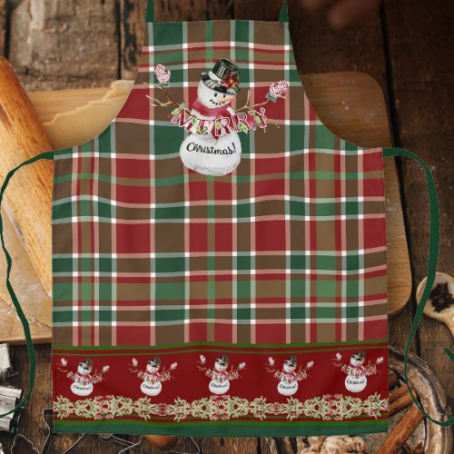 Merry Christmas Snowman Watercolor Plaid w Holly Apron