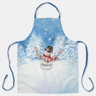 Merry Christmas Snowman Watercolor Snowing Trees Apron