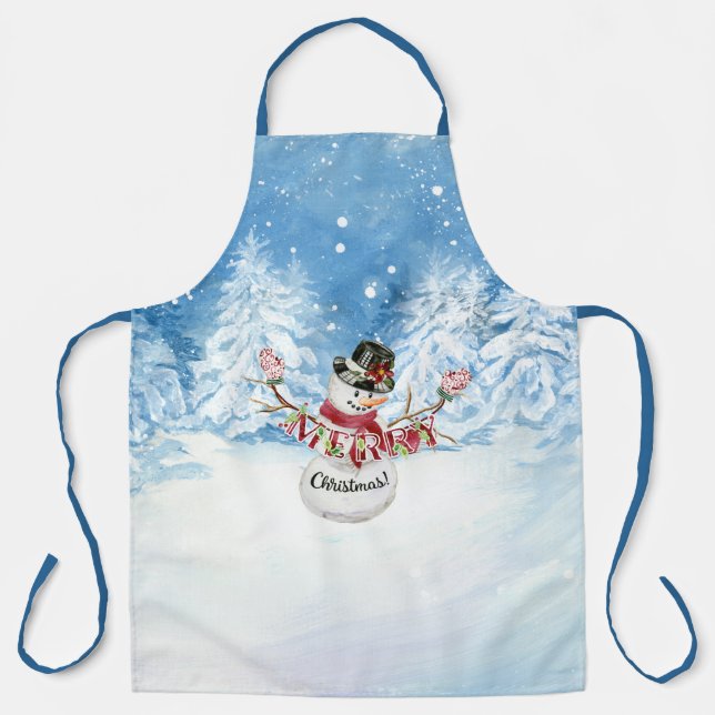 Merry Christmas Snowman Watercolor Snowing Trees Apron (Front)