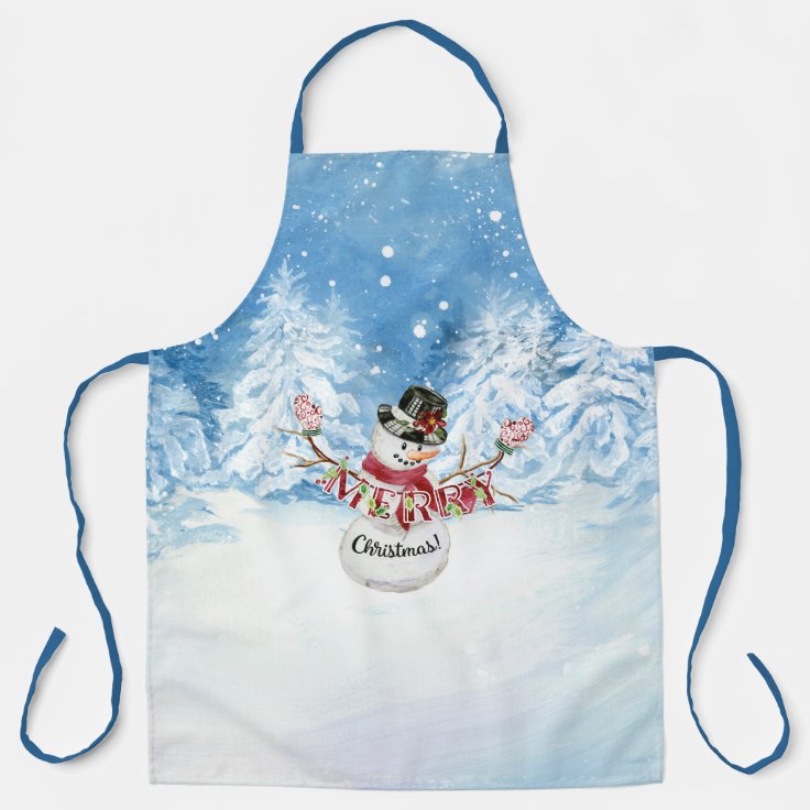Merry Christmas Snowman Watercolor Snowing Trees Apron Zazzle