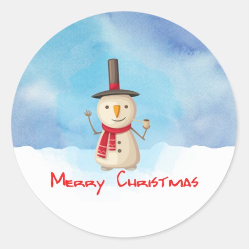 Merry Christmas Snowman Waving And Smiling Classic Round Sticker