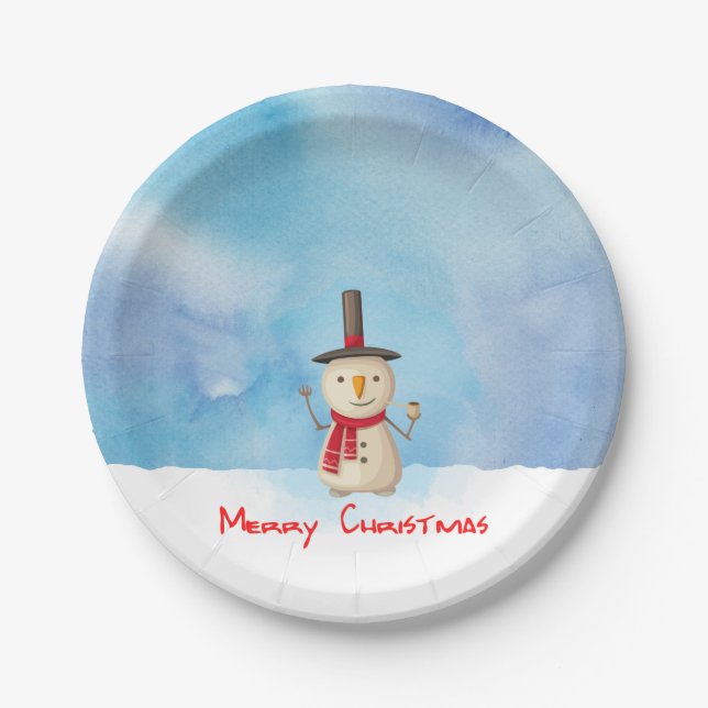 Merry Christmas Snowman Waving And Smiling Paper Plates (Front)