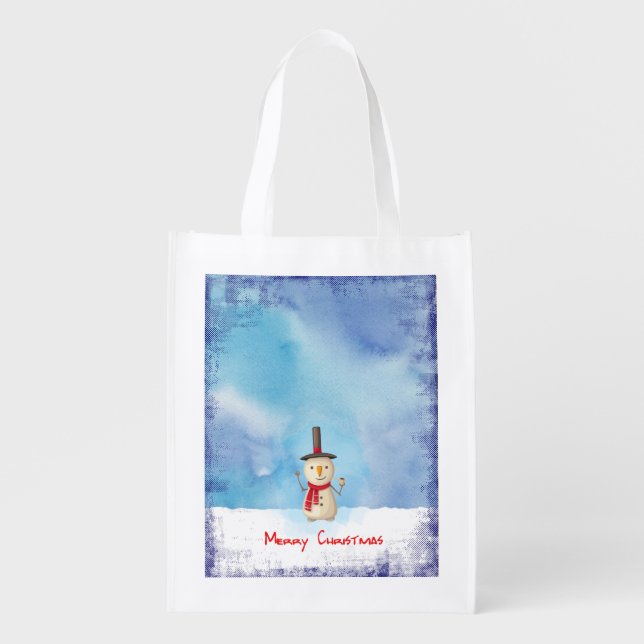 Merry Christmas Snowman Waving And Smiling Reusable Grocery Bag (Front)