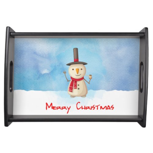 Merry Christmas Snowman Waving And Smiling Serving Tray
