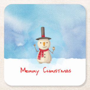 Merry Christmas Snowman Waving And Smiling Square Paper Coaster