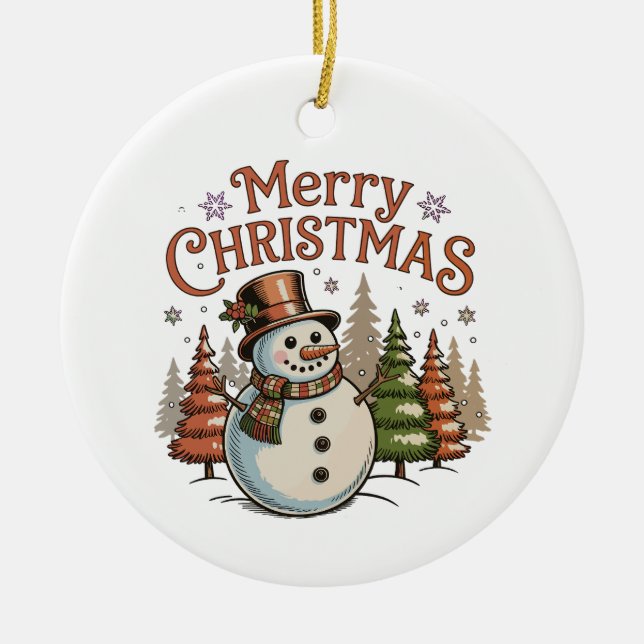 Merry Christmas Snowman Winter Glittery Gold Ceramic Ornament (Front)