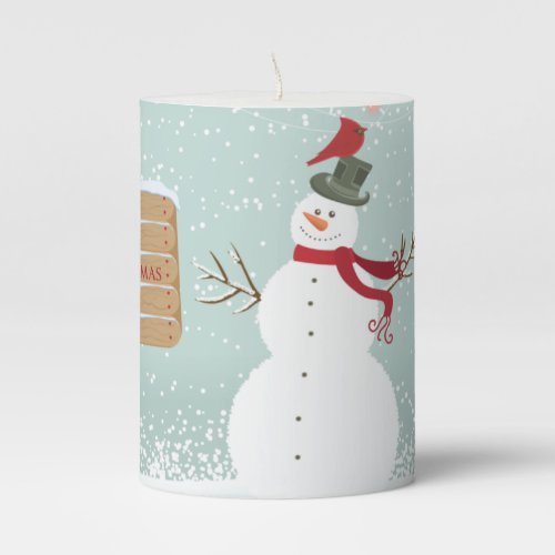 Merry Christmas Snowman Winter Scene Xmas Holiday Pillar Candle