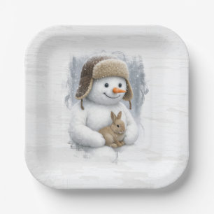 Merry Christmas Snowman With Bunny Paper Plates