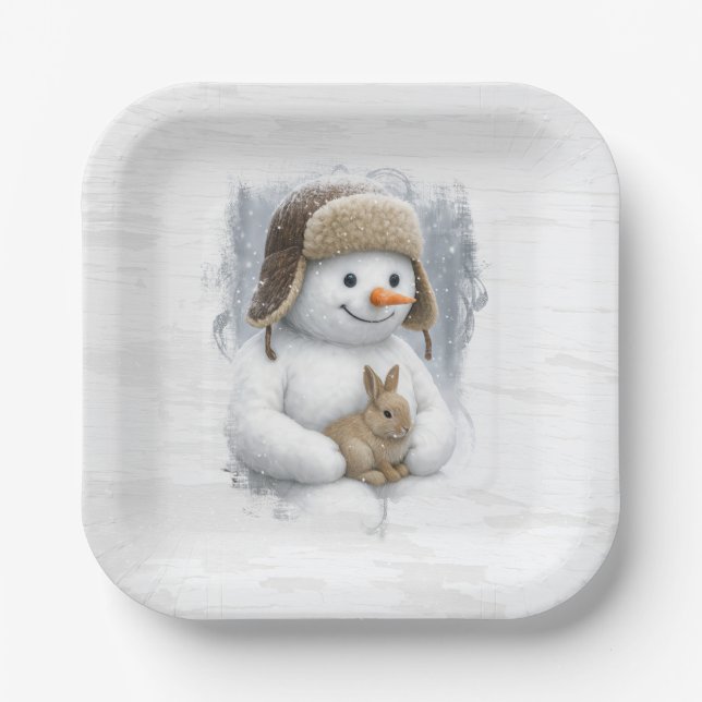 Merry Christmas Snowman With Bunny Paper Plates (Front)