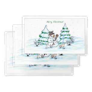 Merry Christmas! Snowman with Cat and Puppy Acrylic Tray