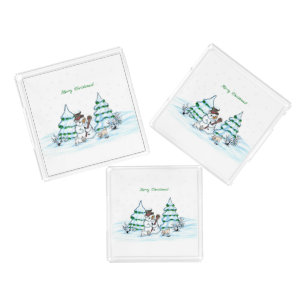 Merry Christmas! Snowman with Cat and Puppy Acrylic Tray