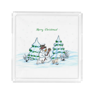 Merry Christmas! Snowman with Cat and Puppy Acrylic Tray