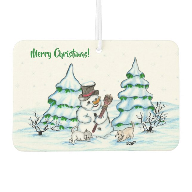 Merry Christmas! Snowman with Cat and Puppy Air Freshener (Front)